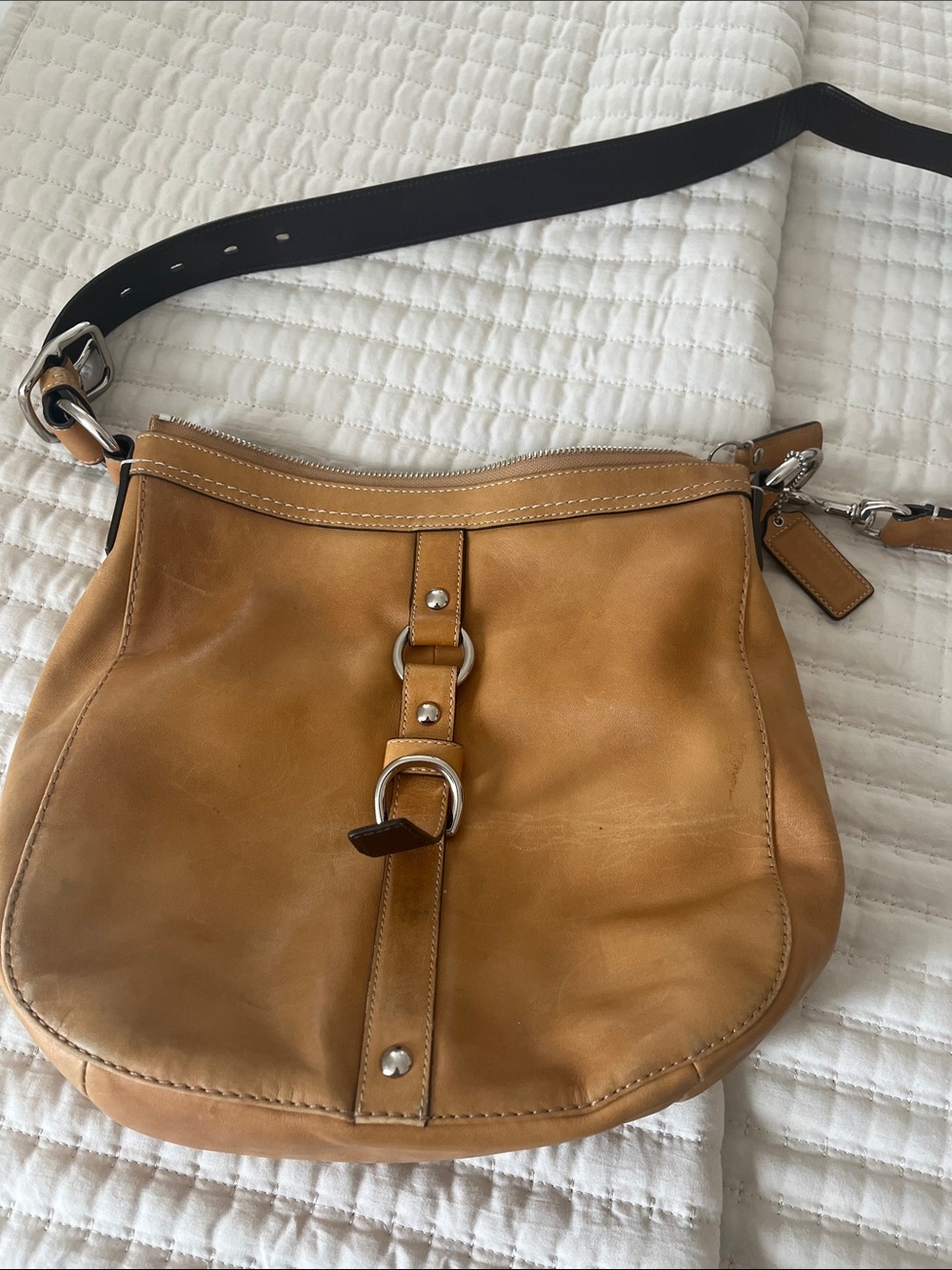 Coach Tan Leather Shoulder Bag with Black Strap and Silver Hardware